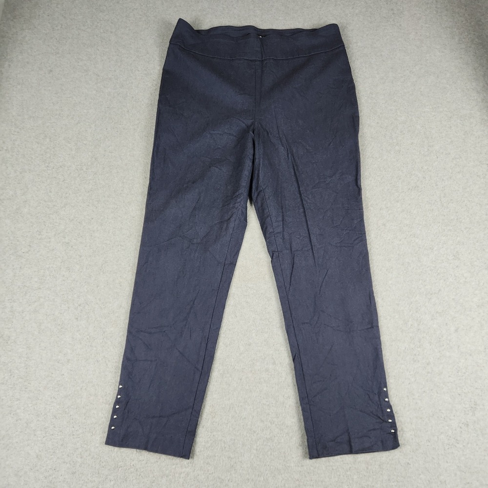 Roz & Ali Pants Womens 12 Navy Blue Stretch Studded Ankle Straight Leg Pull On